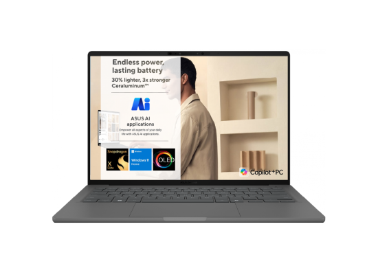 ASUS Zenbook A14 OLED | CPU: Snapdragon® X Elite (Ai -NPU: Qualcomm® Hexagon) | 16GB LPDDR5X | OLED 14" FHD+ | Windows 11 Home | Iceland Gray | Thin. Light (under 1Kg)
