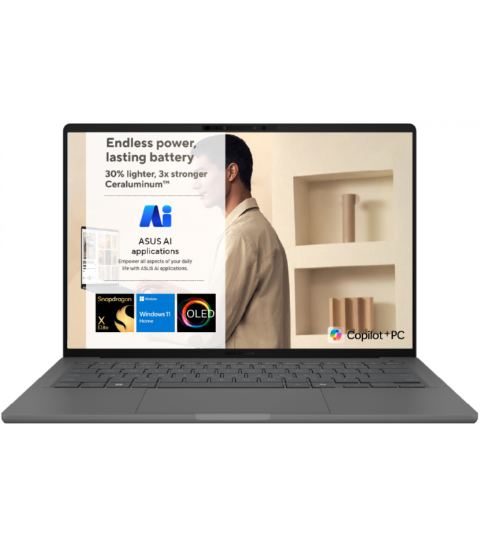 ASUS Zenbook A14 OLED | CPU: Snapdragon® X Elite (Ai -NPU: Qualcomm® Hexagon) | 16GB LPDDR5X | OLED 14" FHD+ | Windows 11 Home | Iceland Gray | Thin. Light (under 1Kg)