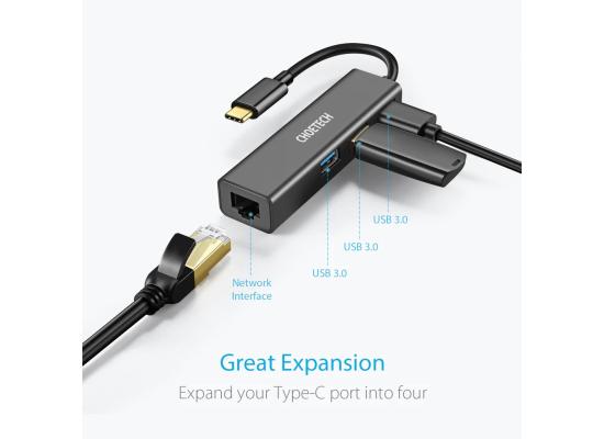 CHOETECH Convertor Type-C To Ethernet Giga + 3*USB| HUB-U02