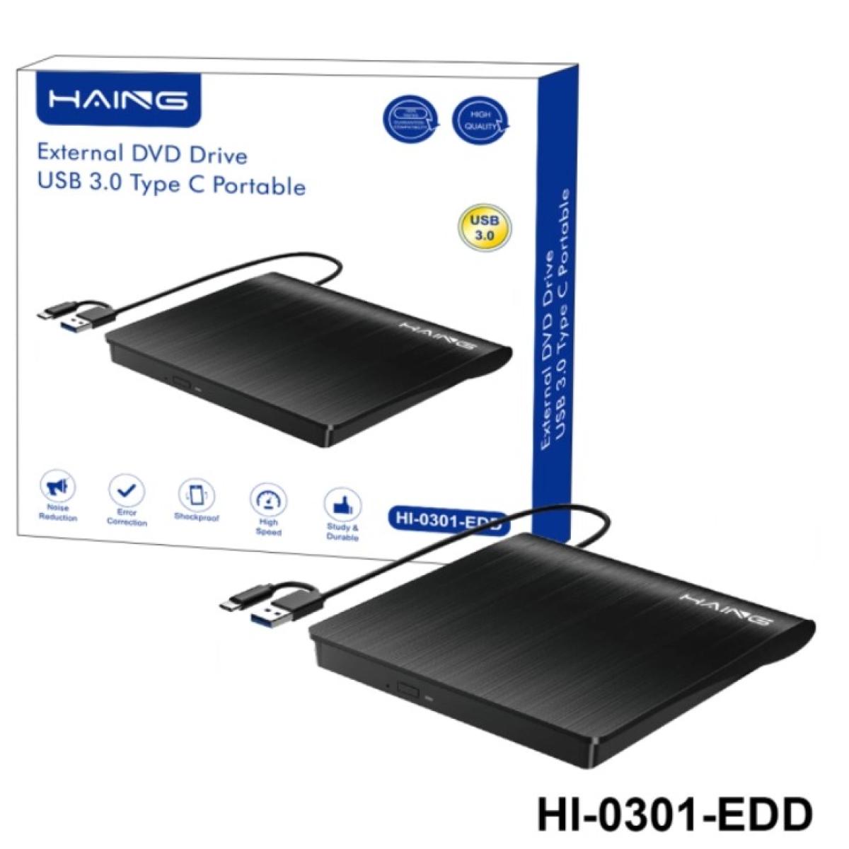 HAING HI-0301-EDD Portable External DVD Drive - USB 3.0 & USB Type-C - DVD Writer & CD Burner