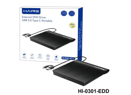 HAING HI-0301-EDD Portable External DVD Drive - USB 3.0 & USB Type-C - DVD Writer & CD Burner