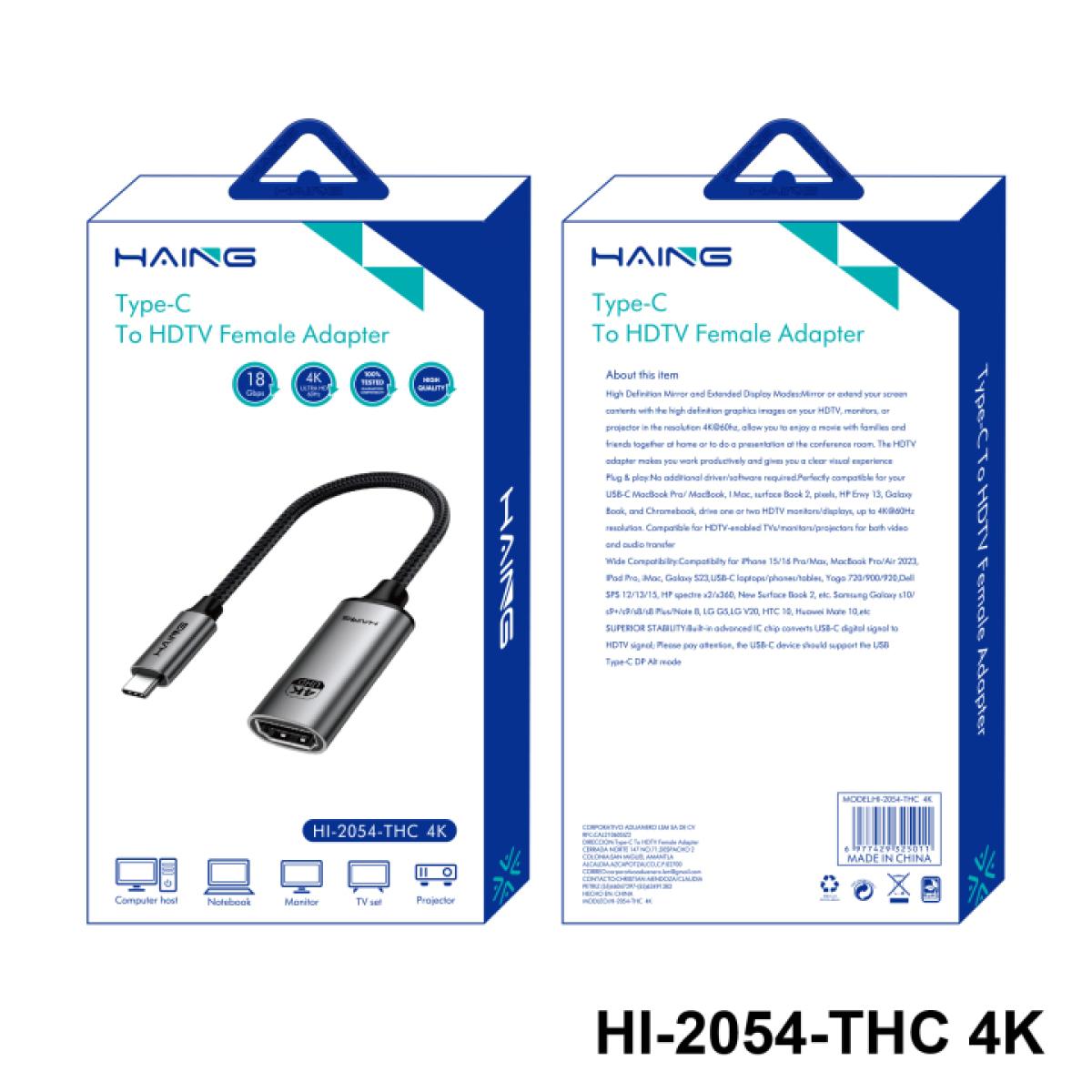 HAING HI-2054-THC Type-C to HDMI Female Adapter 4K | USB-C to HDMI Converter
