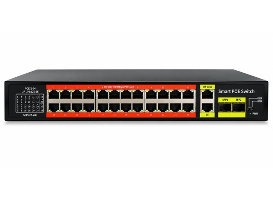 Key-Vision-AI 28-Port Gigabit PoE Switch 300W | 24 PoE Ports + 2 Uplink + 2 SFP