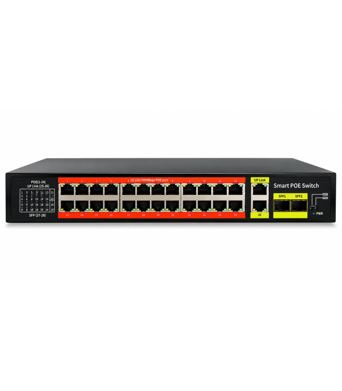 Key-Vision-AI 28-Port Gigabit PoE Switch 300W | 24 PoE Ports + 2 Uplink + 2 SFP