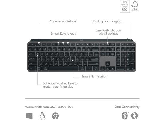 Logitech MX Keys S Wireless Keyboard, Backlighting, Bluetooth, USB C Rechargeable