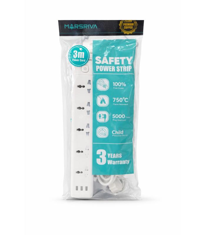 MARSRIVA Safety Power Strip 3m EU – 5xSockets Power + 3XUSB - LC-PS503-EU