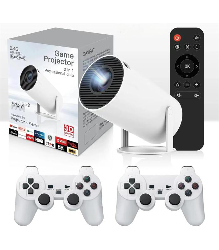 M300 Max Game Projector with 2 Wireless Controllers – Android Smart Projector & Retro Gaming Console