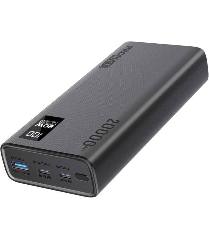 Promate Bolt-20PD 20000mAh Power Bank 20W USB-C PD QC 3.0 LCD Display Black