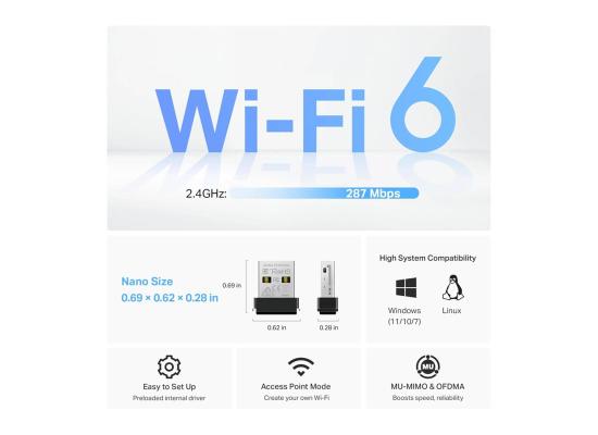 TP-Link Archer TX1U Nano AX300 Wi-Fi 6 USB Adapter - Up to 287Mbps, MU-MIMO, Access Point Mode, Plug and Play, Compact Nano Design