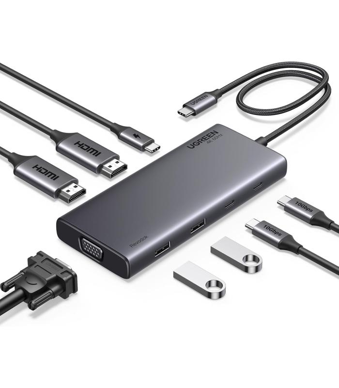 UGREEN - Revodok 308 (8in1) USB C 4K Docking Station Dual Monitor | 2 HDMI, VGA, 2 USB A&C 3.2 Ports, 100W PD, Compatible for MacBook, Dell, HP, Lenovo, Surface