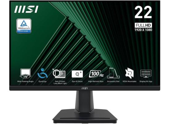 MSI PRO MP225V,22-inch VA 1920 x 1080 (FHD) Computer Monitor, 100Hz, Adaptive-Synch, HDMI, Video Port, VESA Mountable, Tilt, 1ms, Black /2 Years Warranty